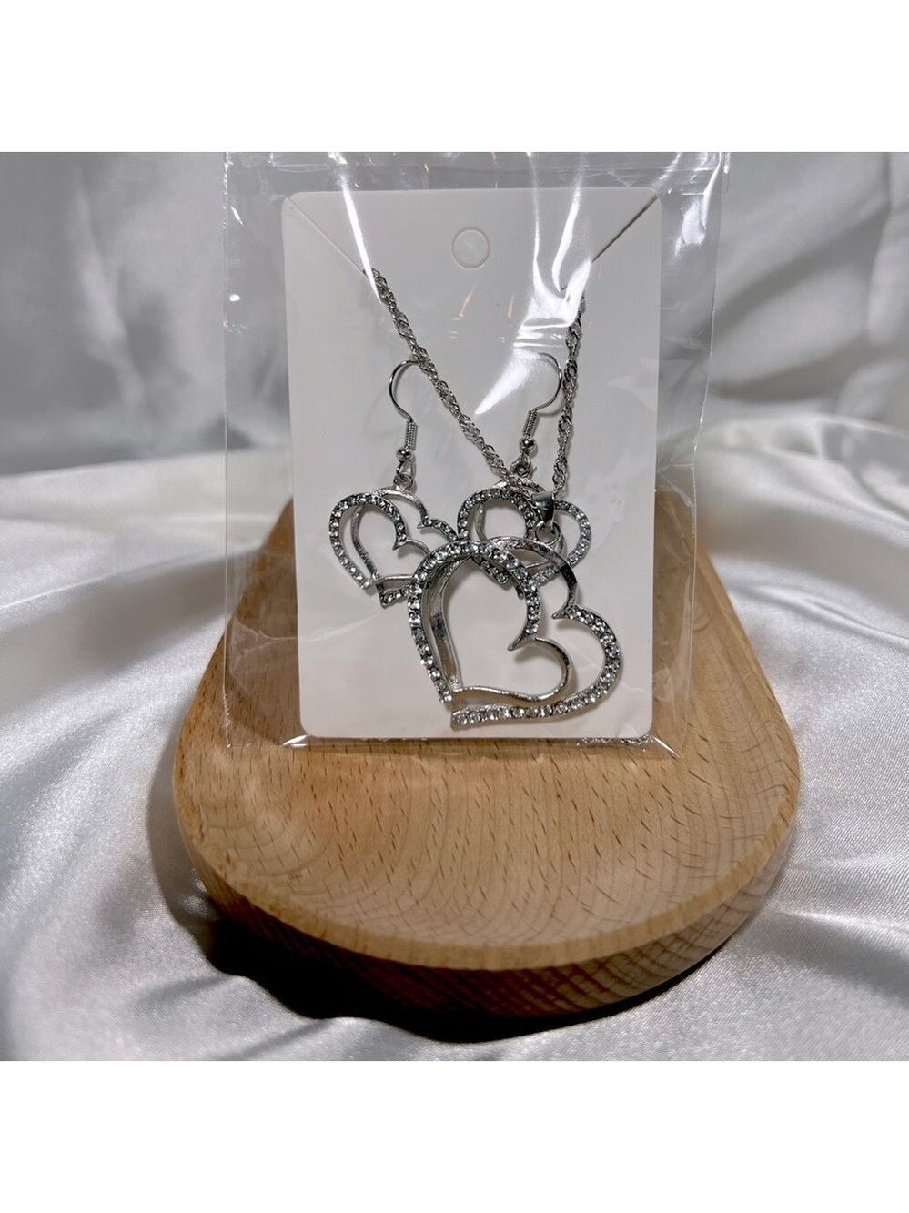 Silver Rhinestone Heart Necklace & Earrings Set